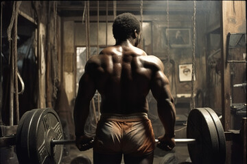 Fototapeta na wymiar Back view of black bodybuilder in grunge gym . Generative AI.