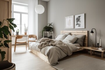 scandinavian bedroom, with minimalist and modern furniture and decor, created with generative ai