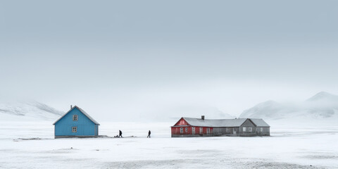 Paysage nordique enneigé minimaliste avec maison colorée typique de l'Islande, Suède, Norvège, Finlande