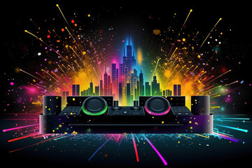 Abstract vector poster with colorful dj console, big speakers, fireworks, light bulbs, glitter, equalizer bars in background. Concept dance party. Generative AI