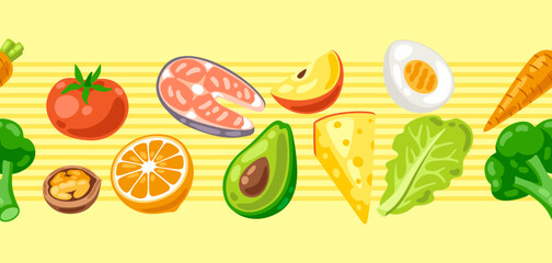 Seamless pattern with healthy eating and diet meal. Fruits, vegetables and proteins for proper nutrition.