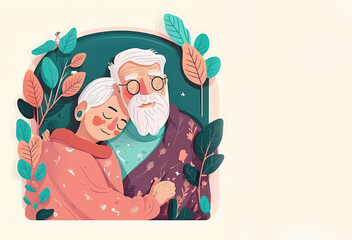 An elderly couple. Man and woman. Tenderness in old age. Watercola. Banner. Generative AI
