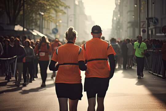 A man and a woman participate in a running marathon on a city street. Generative AI