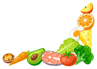 Background with healthy eating and diet meal. Fruits, vegetables and proteins for proper nutrition.