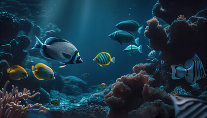 Naklejka na ściany i meble The underwater world with fish and plants. Al generated