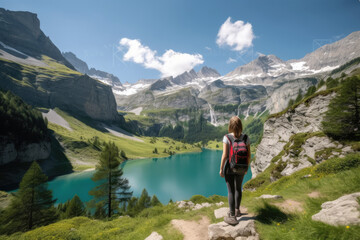Fototapeta na wymiar Young woman hiking near a beautiful lake in summer, AI Generative
