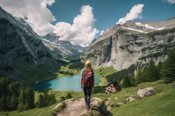 Fototapeta na wymiar Young woman hiking near a beautiful lake in summer, AI Generative