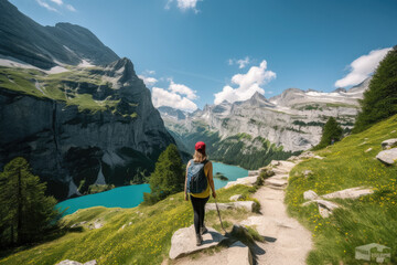 Fototapeta premium Young woman hiking near a beautiful lake in summer, AI Generative