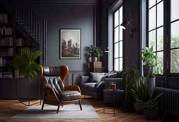 Style loft interior with gray armchair and dark walls, high resolution, style, design, modern renovation, panoramic window, seating area with a cup of coffee or an interesting book,. Generative AI