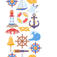 Fototapeta na wymiar Seamless pattern with symbols and items. Marine cute background.