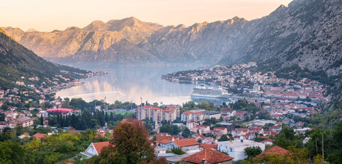 Fototapeta na wymiar A panoramic view of the famous Bay of Kotor, Montenegro from high up, nestled between picturesque rocky slopes