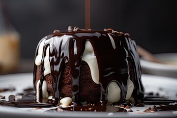 close-up of chocolate sauce drizzled over cake or sundae, created with generative ai
