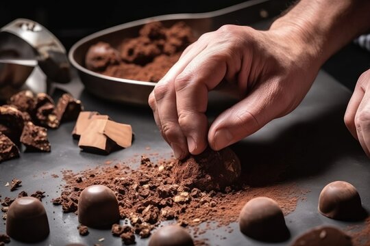 close-up of chocolatier's hands, mixing ingredients and shaping truffles, created with generative ai