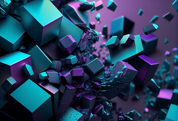 Abstract wallpaper created from Turquoise and Purple 3D Blocks. Tech 3D Render . Generative AI