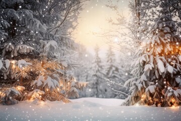 festive holiday setting, with snow-covered landscape and twinkling lights, created with generative ai