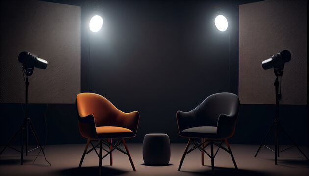 Stylish interior, two chairs, studio light, interview scene. Al generated
