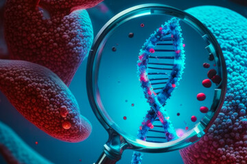 Illustration of DNA helix in body liquid viewed through magnifier. Graphic showing Human DNA helix in body liquid. Generative AI