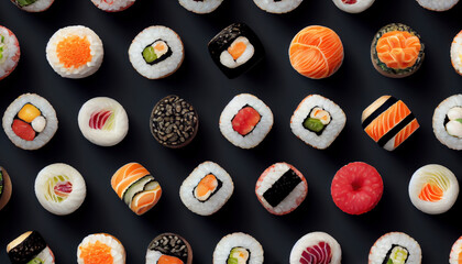 Seamless pattern with sushi. Food abstract background. Sushi on