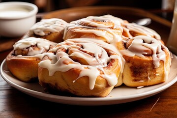 Obraz na płótnie Canvas plate of cinnamon rolls, served warm with drizzle of icing, created with generative ai