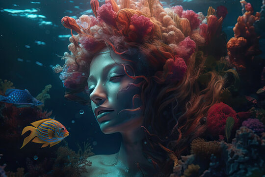 Goddess Beauty. Goddess of Water Wearing an Stunning Crown of Coral Arices - AI Generated