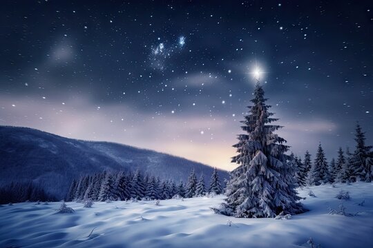 xmas tree and starry night sky in magical winter wonderland, created with generative ai