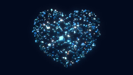 Heart shape with many glasses cubes isolated on dark background