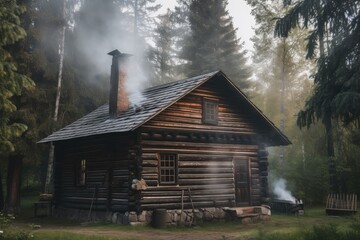 rustic log cabin surrounded by towering trees, with smoke from the chimney curling into the sky, created with generative ai