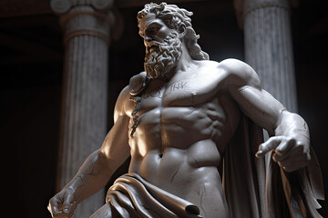 Obraz premium Sculpture of Zeus God Holding Thunder in his Hand - AI Generated