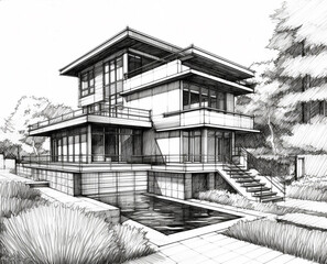 Sketch illustration of a modern style house that has a swimming pool in front of it using pencil medium. Black and white illustration with white background. Beautiful landscape around the house.