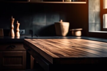 Wood table top on blur kitchen counter (room)background | Wooden table top on blur kitchen room background,Modern Contemporary kitchen room interior, Generative AI