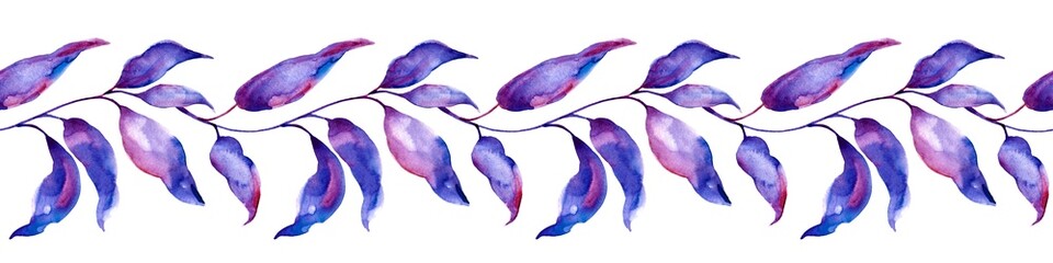 seamless pattern with watercolor leaves in blue violet tints