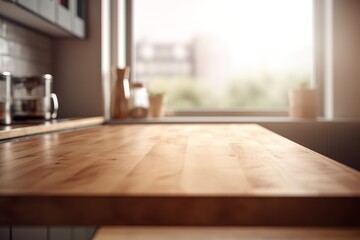 Fototapeta na wymiar Empty wooden table top with out of focus lights bokeh rustic farmhouse kitchen background | Table top and blurred kitchen room as background, Generative AI