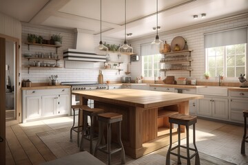 Modern kitchen interior | Modern new light interior of kitchen with white furniture and dining table with wooden floor | Scandinavian classic kitchen with wooden and white details, Generative AI