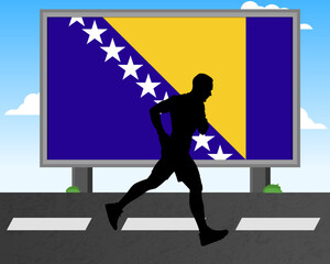 Running man silhouette with Bosnia and Herzegovina flag on billboard, olympic games or marathon competition