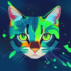 Abstract bright colorful cat muzzle. Bright cat print. Front view. AI-generated