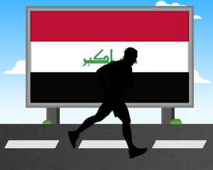 Running man silhouette with Iraq flag on billboard, olympic games or marathon competition