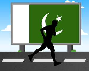 Running man silhouette with Pakistan flag on billboard, olympic games or marathon competition