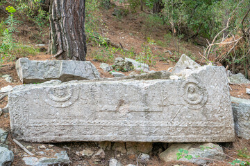 Fototapeta premium The scenic view of remainings from Onobara, which was a town of ancient Lycia, was the destination of a road from Trabenna, located near Gedeller, Antalya, Turkey.
