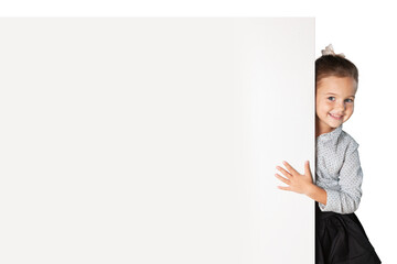 Little smiling girl with white blank close up on  background