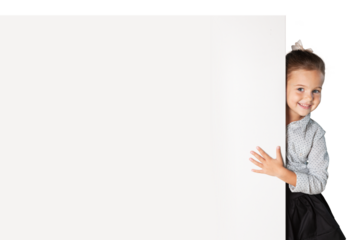 Little smiling girl with white blank close up on  background