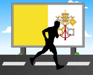 Running man silhouette with Vatican flag on billboard, olympic games or marathon competition