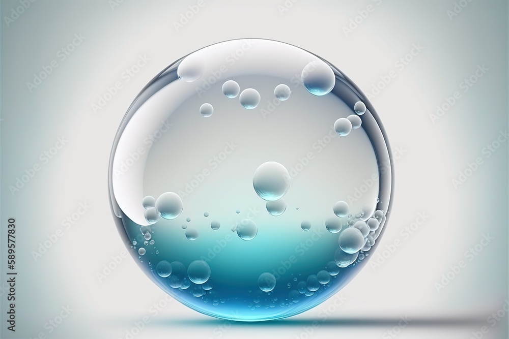 Poster closeup macro iridescent clear and transparent round water sphere with air bubbles inside on white i