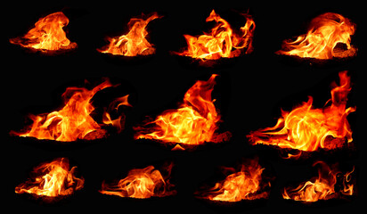 Beautiful series of lights, heat energy. Fires that burn fuel forests at night or on a black...