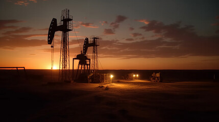 oil drilling rig energy industrial machine for petroleum in the sunset background ,Generative AI , illustration
