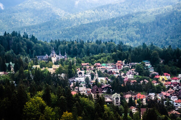 Aerial view of Sinaia town seen from the cable car. Romania.