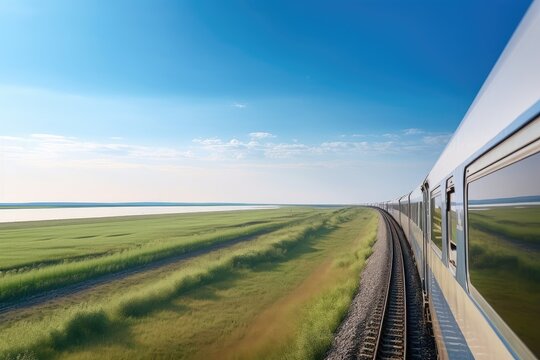 passenger train, with view of the endless horizon and peaceful scenery, created with generative ai