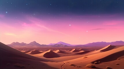 Fototapeta na wymiar At Dusk, Rolling Sand Dunes Create a Peaceful Contemporary Scenery With a Pink Gradient and Starry Sky. Generative AI