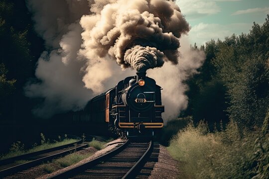 vintage steam locomotive chugging along the track, with billowing smoke and whistles, created with generative ai