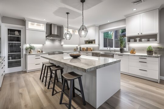 Modern kitchen interior | Modern new light interior of kitchen with white furniture and dining table with wooden floor | Scandinavian classic kitchen with wooden and white details, Generative AI