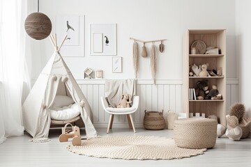 Modern Kids' Room: Cozy Interior with Scandinavian Design, Empty White Wall Frame Ready for Your Picture or Poster. Generative AI